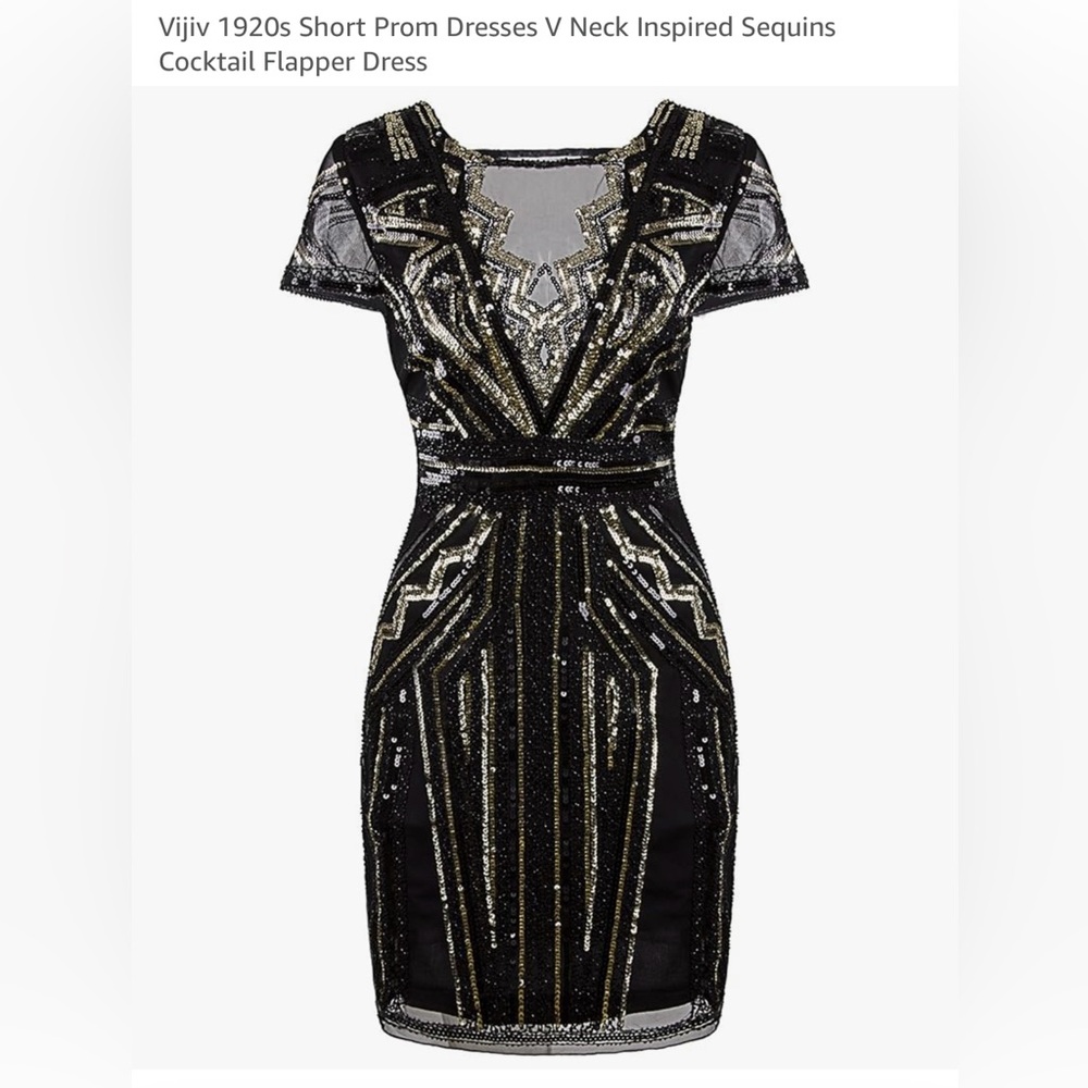 Black and Gold Sequin Cocktail Flapper Dress